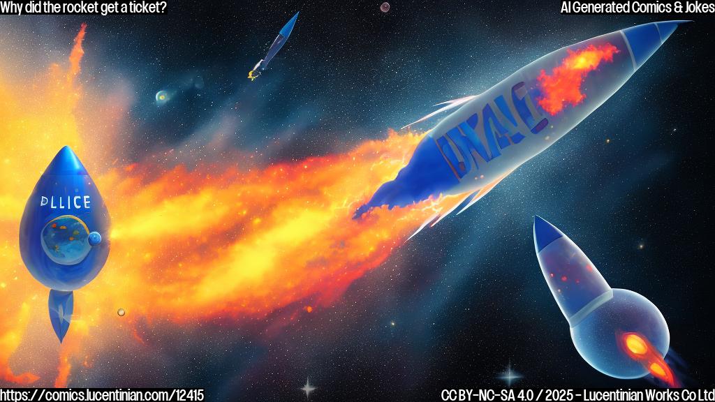 A cartoon style drawing of a large blue rocket with the words "ESCAPADE" written on its side, speeding through space, leaving a trail of fire. A tiny planet Mars is visible in the distance. A police car is chasing the rocket. The color style is plain and simple.