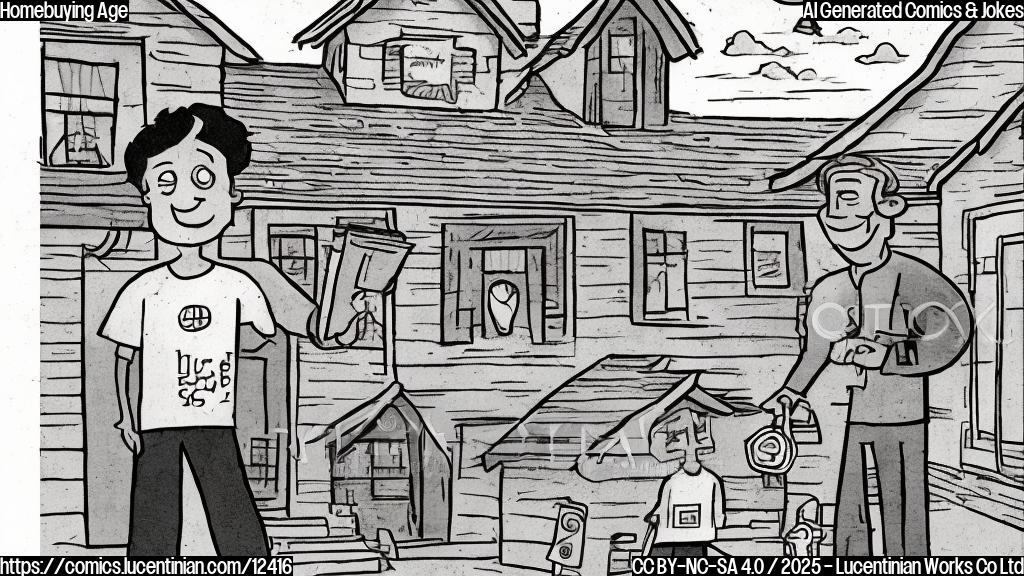 A simple cartoon illustration showing a real estate report cover. The original cover image, visible as a discarded piece of paper next to the report, features an elderly person holding keys and smiling in front of a house. The new cover shows a confused young adult, perhaps in their late 30s, holding keys and looking bewildered. The style should be plain color and cartoonish.