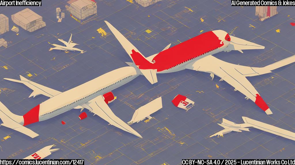 A cartoon depicting a sad, rectangular package with a fragile sticker sitting on an airport runway. The runway is cluttered with red tape and overflowing paperwork. A small, frowning airplane is grounded nearby. The overall color scheme is pastel and muted to convey a sense of frustration and delay.