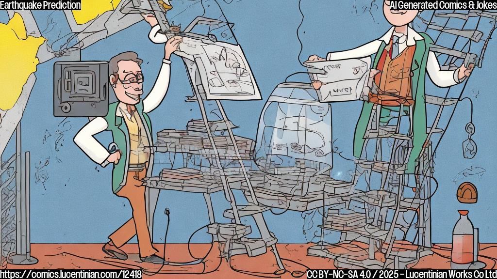 Plain color cartoon style picture of a seismologist, wearing glasses and a lab coat, carrying an overly large ladder towards a shaking ground. The seismograph is wildly fluctuating.