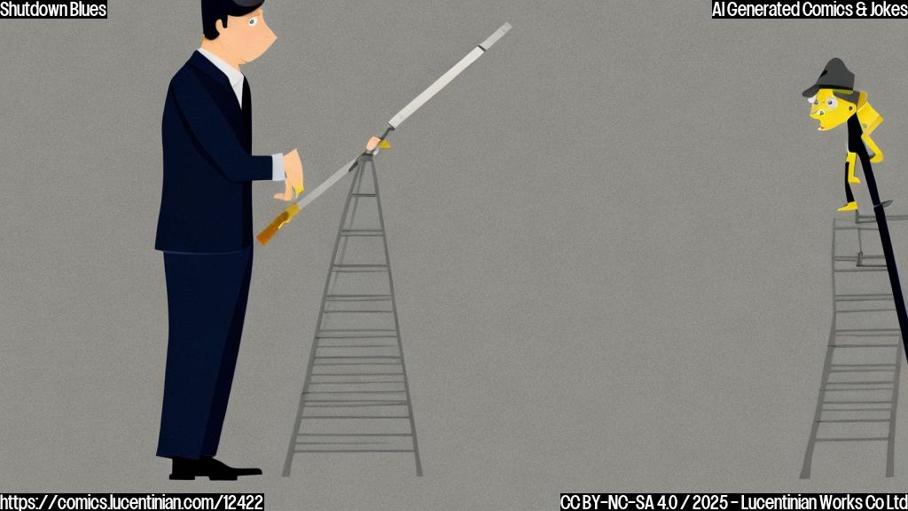 A cartoon image showing a sad-looking government employee in a gray suit and tie, carrying a very small ladder. The background is a plain blue color.