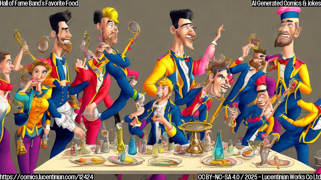 Cartoon style, plain background, a group of musicians with exaggerated hairstyles and brightly colored clothing are being escorted out of a fancy restaurant by a waiter in a tuxedo. The musicians look surprised and confused. A salt shaker and a pepper grinder are prominently displayed on a table.