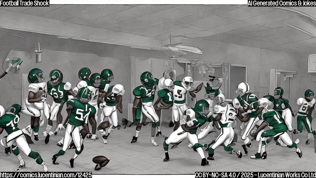 A plain color cartoon style picture of a locker room with football players in green and white uniforms frantically searching for a literal, illuminated pathway on the floor, while a single rookie player in the same uniform looks confused.