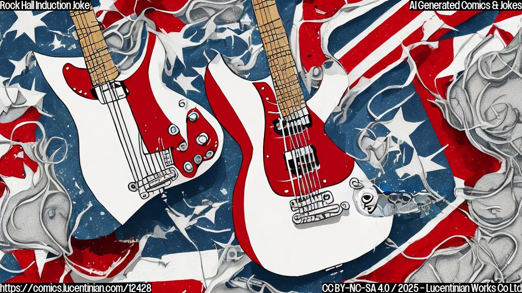 A cartoon image depicting a can of white paint labeled "Rock and Roll Hall of Fame Induction Paint" next to a red and white striped guitar. The style is simple and uses flat colors.