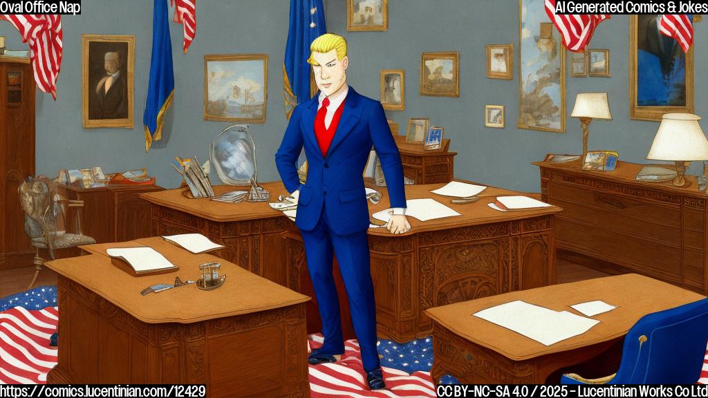Cartoon style image of a man with bright blond hair wearing a dark blue suit and red tie, eyes closed, standing at a large wooden desk in an oval-shaped office with American flags in the background, a look of deep sleep on his face. Plain, flat colors.