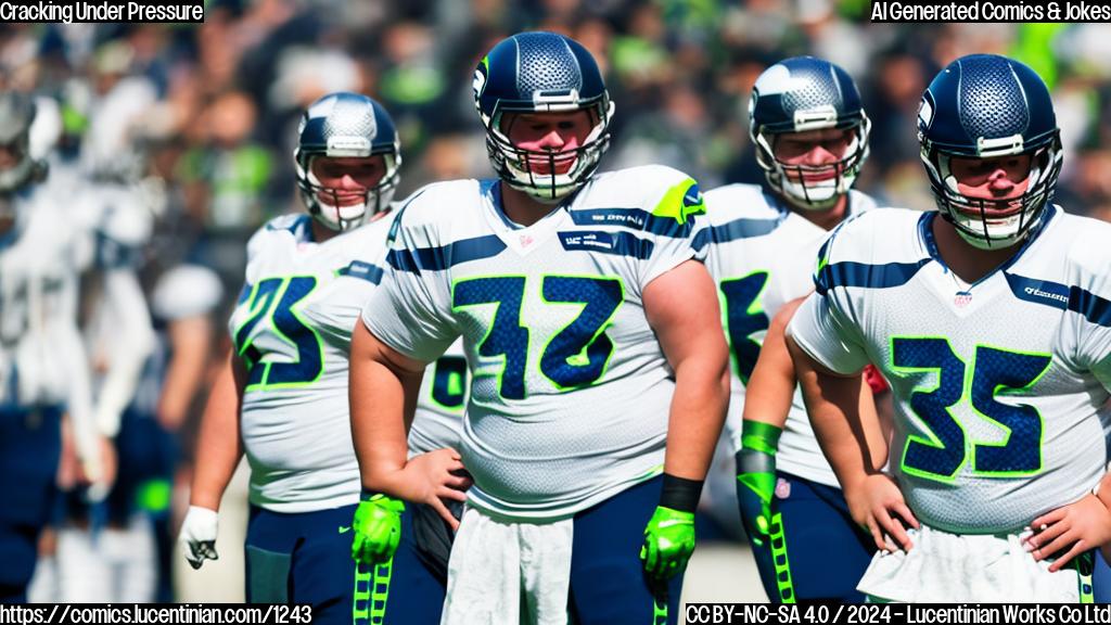 A young football center is shown wearing a Seahawks jersey, with a cracked helmet in the background. The character has a worried expression on their face, with a subtle hint of disappointment and frustration.