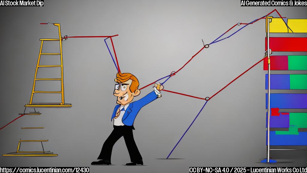 Cartoon of a person in a business suit with a briefcase climbing a ladder to reach a graph that is shaped like a mountain with a sharp downward slope. The graph represents stock prices. The overall color scheme is plain and uses pastel colors.