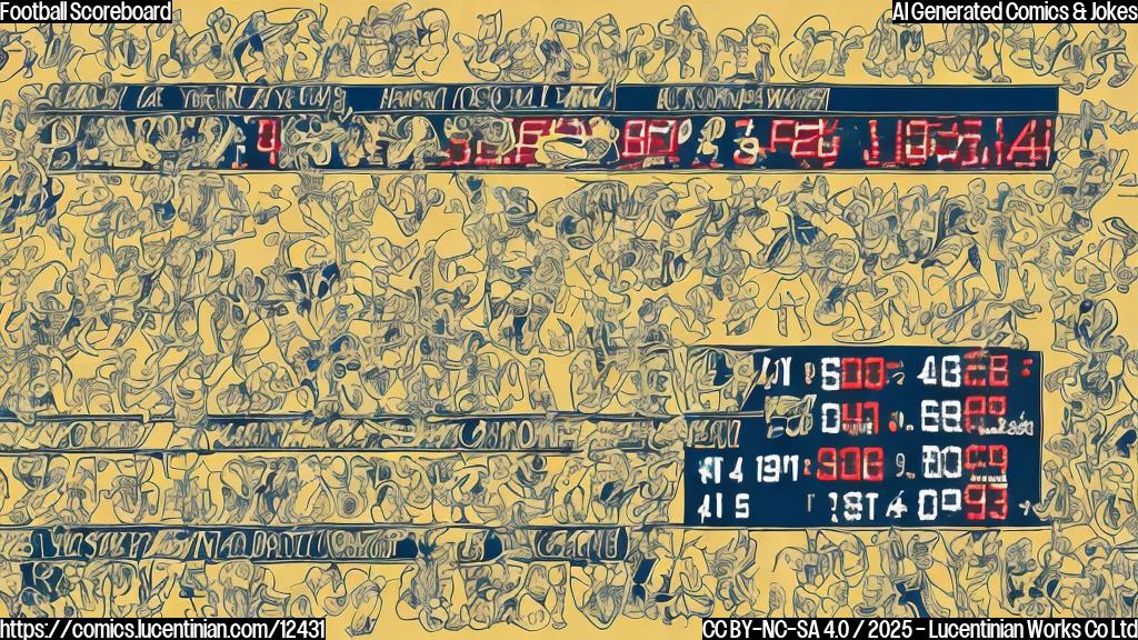 A plain color cartoon style image of a football scoreboard with a confused expression, displaying both "42-26" and "Rams Win/49ers Offense" simultaneously.