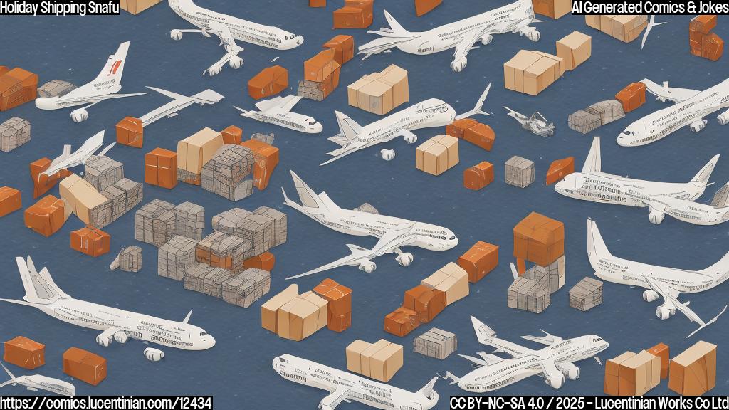 A cartoon style image of several packages with sad faces looking up at a large grounded cargo plane, all in plain colors.