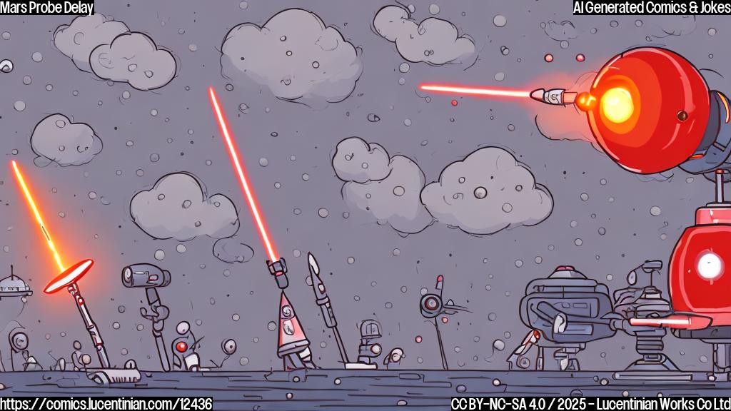 A cartoon illustration of a small, red robotic probe with antennas looking disappointed. Rain clouds with lightning are overhead. The probe is standing on a launchpad with a tall, blue rocket in the background. The style is plain color cartoon.