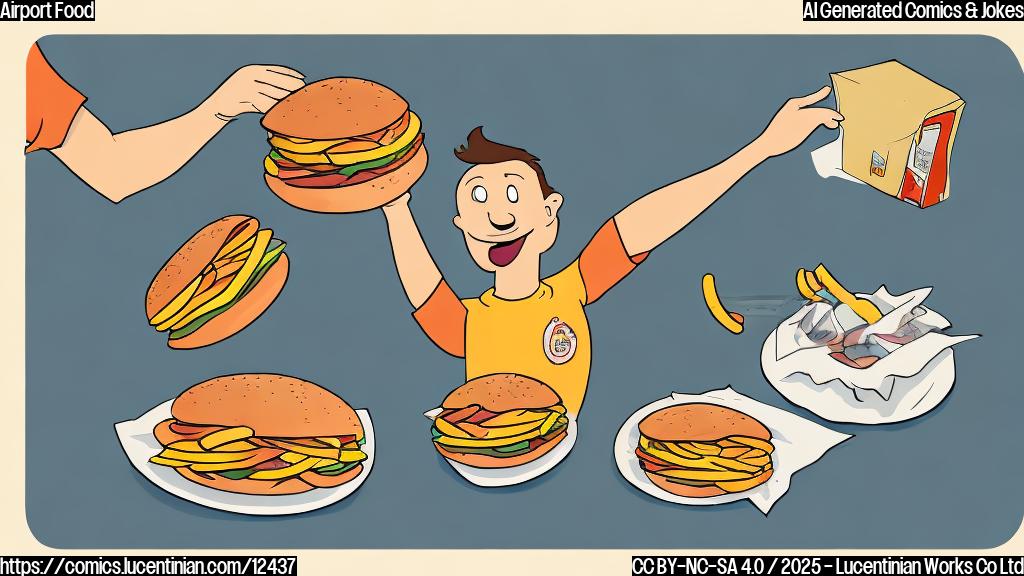 A simple cartoon illustration of a person struggling to reach a comically oversized hamburger and fries floating high in the air at an airport, with a ladder. The style is plain color and minimalist.