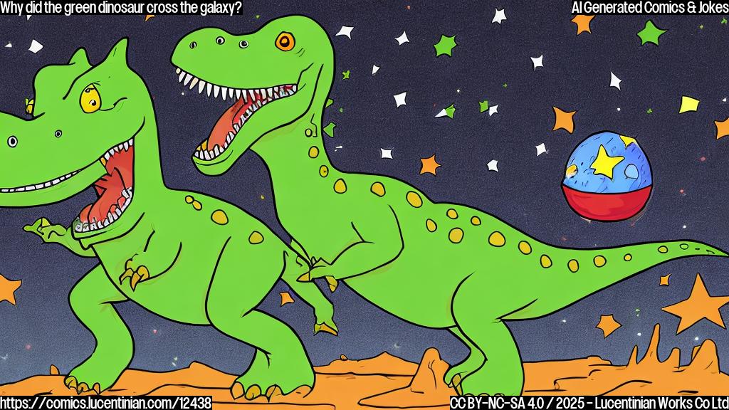 A simple, flat color cartoon of a green dinosaur wearing red boots floating in space with stars in the background. The dinosaur has a long tongue sticking out.