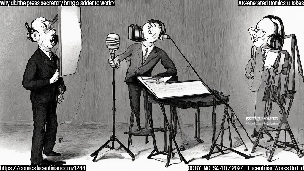 A cartoon of a person sitting behind a desk with a microphone, with a ladder standing next to it and a reporter in front of it, both looking at each other with a playful expression.