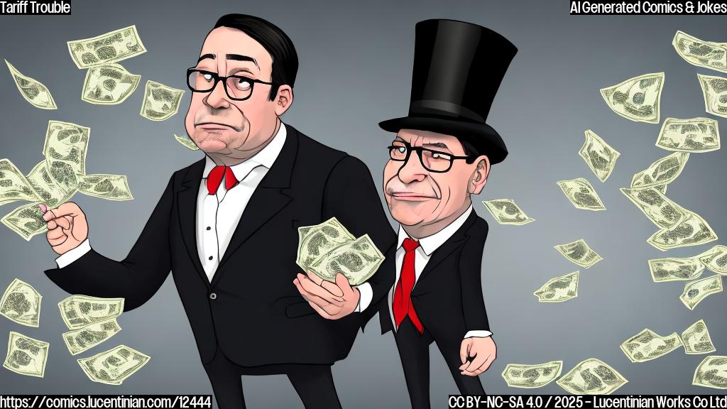 cartoon style image of a sad looking economist with glasses holding a broken heart, and a politician in a suit with a top hat throwing money in the air. the background is a gray cloud.