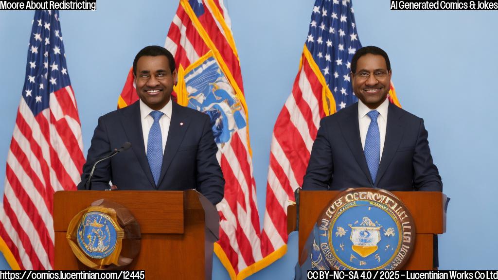 A cartoon-style image with a light blue background. A smiling governor with brown skin, short black hair, wearing a dark suit and tie, stands confidently at a podium. Beside him, a large chair with hands instead of armrests sits empty. The podium has a state seal on it. The style is simple and clean, suitable for a news-related cartoon.