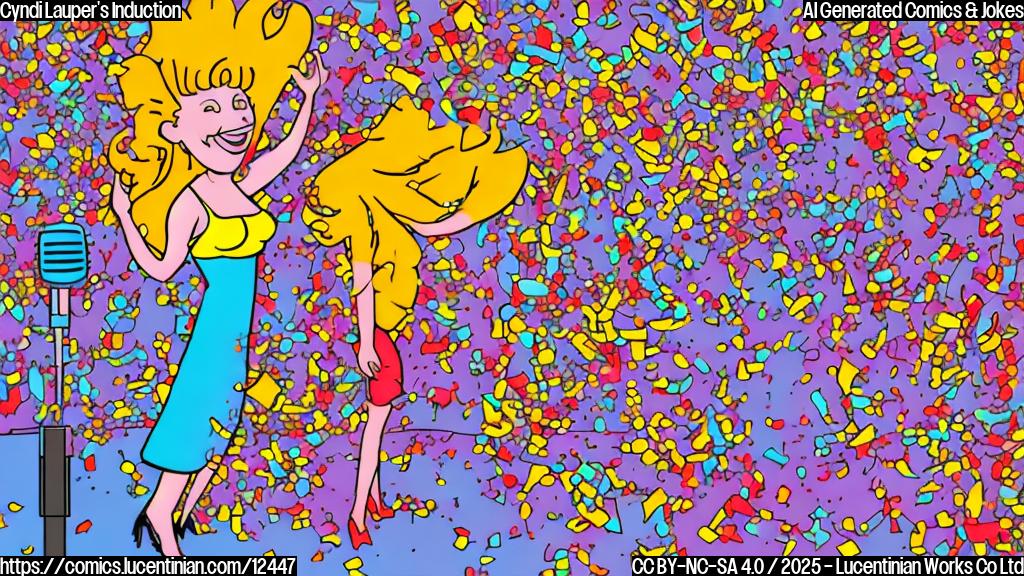 A simple cartoon image. A stage with a microphone. In front of the microphone stands a woman with bright red-orange hair, wearing a colorful 80s-style dress, smiling widely. Confetti is falling from the ceiling. The background is a plain light blue.
