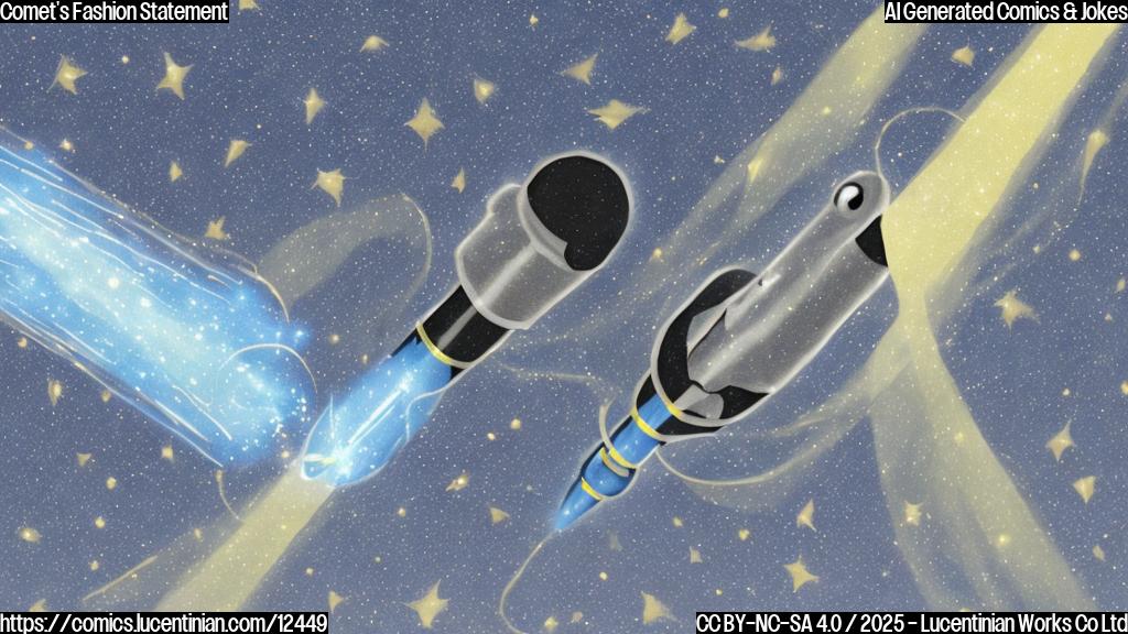 a cartoon drawing of a blue and white comet with a long, sparkling tail. The comet has a worried expression on its face. The background is a simple light blue.