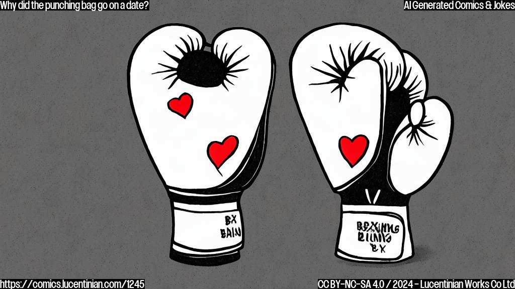 Draw a cartoon of a boxing glove holding a broken heart, with a punching bag in the background looking disappointed
