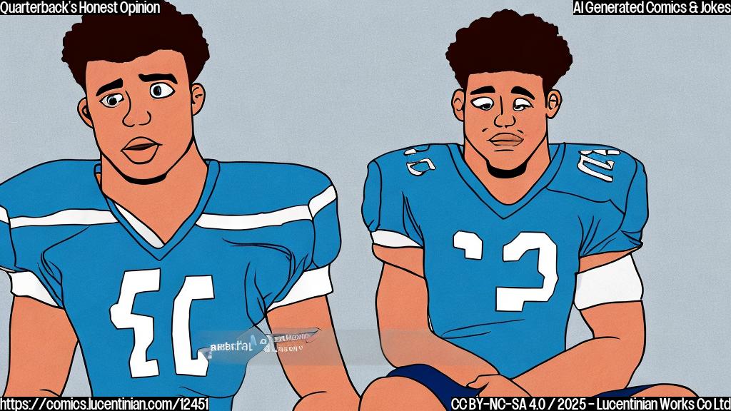 Cartoon drawing of a football player with a sad face sitting on a bench, plain blue color background.