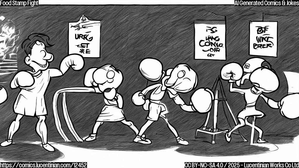 A cartoon drawing of a boxing ring. In one corner is a character representing a food stamp program, wearing boxing gloves and looking determined. In the opposite corner is a judge's gavel, also wearing boxing gloves, suggesting a legal battle. The background is plain light yellow.