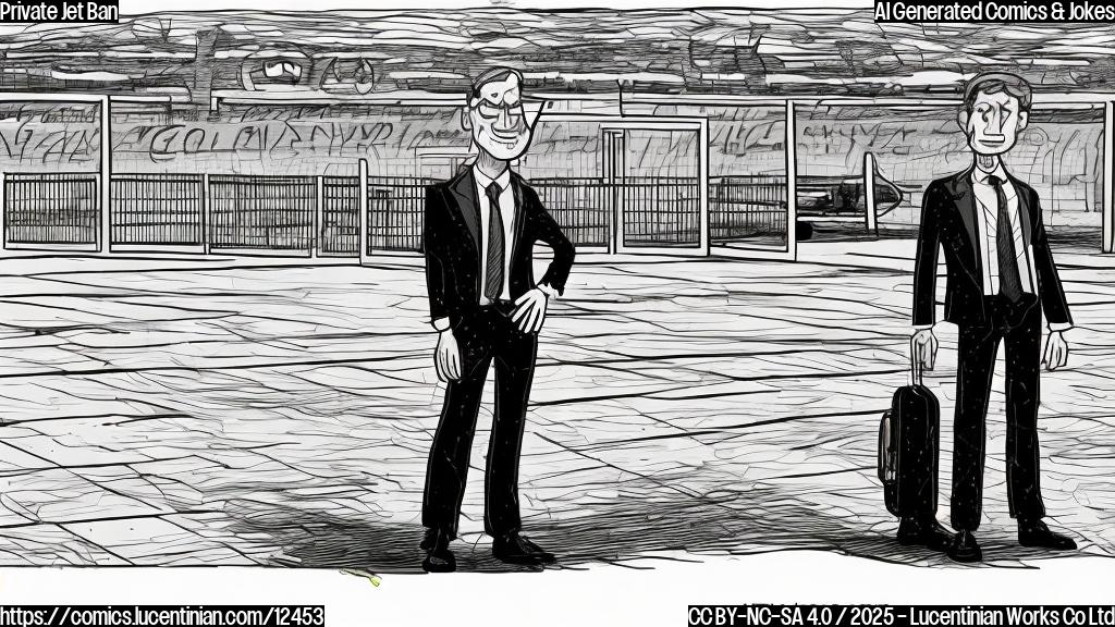 A cartoon drawing of a very sad-looking man in a fancy suit standing outside an airport gate. The gate has a big sign that says "CLOSED". A private jet is visible in the background, sitting idle on the tarmac. The style is simple and colorful, like a children's book illustration.