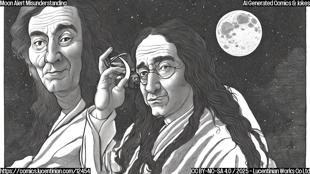 A cartoon-style image of a person with long hair and a robe, looking worried while holding a telescope. The moon is depicted in the background with an old fashioned telephone receiver to its ear, holding a old cellular mobile in the hand. All with plain colors.