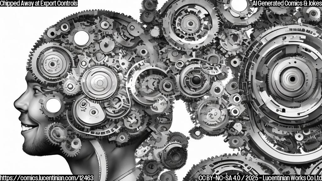 A cartoon of a smiling face with a computer chip on its head, surrounded by gears and tools, with a European car logo in the background. The face should have a relaxed expression, as if it's "circuit-breaking" its worries.