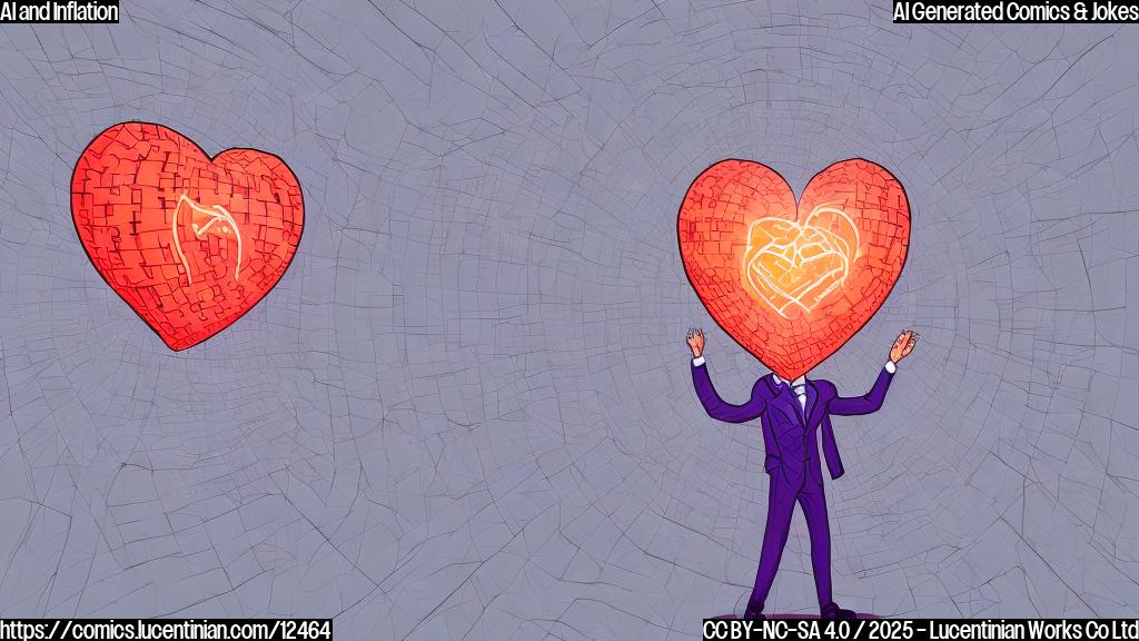 A plain color cartoon style image of a sad investor, depicted as a person in a suit, walking away from a binary code heart. The heart is deflating, with air hissing out. Background is a simple gradient from light blue to white.