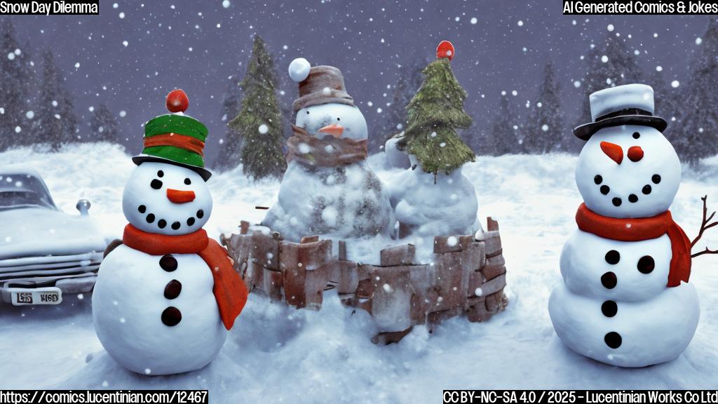 Cartoon image of a grumpy-looking snowman standing next to a buried car in a snow-covered street. The snowman has a carrot nose and twig arms and is wearing a top hat. Snowflakes are falling. The sky is a dull gray.