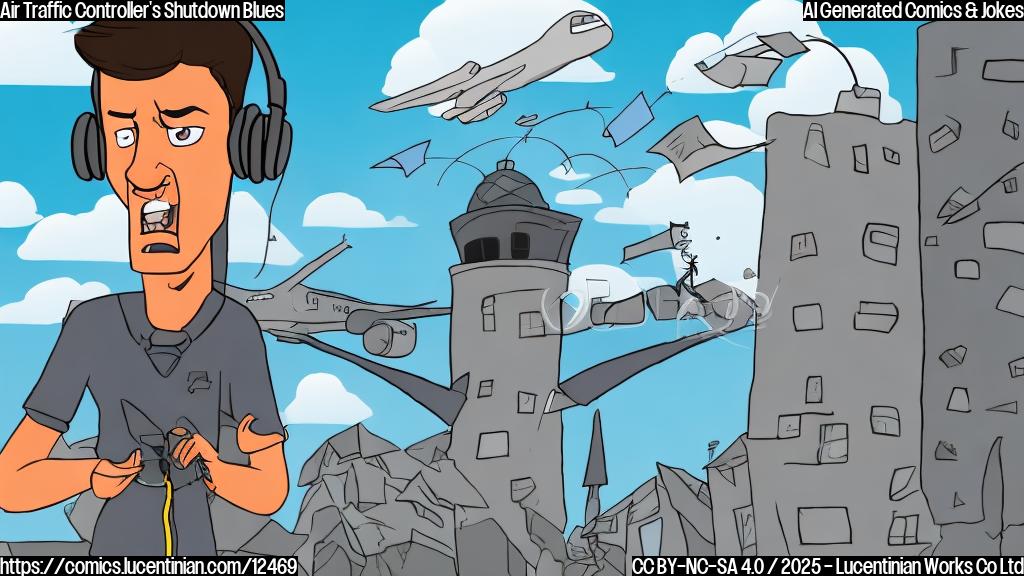 Cartoon of a frustrated air traffic controller in a tower, wearing headphones, looking stressed, with a plane in the background taking off with a banner that says "Unpaid Bills". The tower is slightly run-down, and the sky is a plain, dull grey.