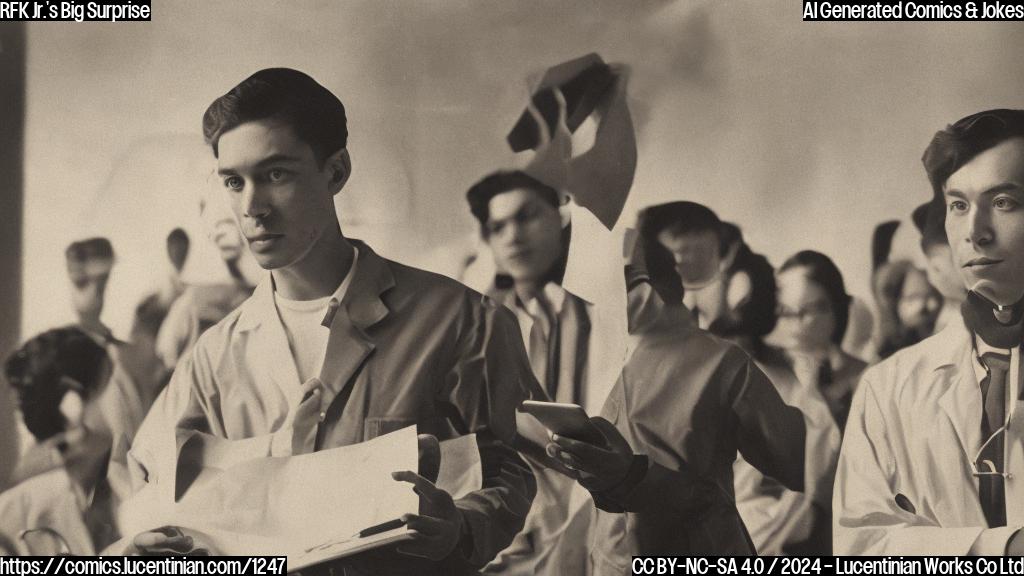 A young, charismatic figure with a strong online presence and a determined look on his face standing in front of a large medical textbook with a bold, red 'X' marked through a vaccine needle, surrounded by shocked lobbyists looking at their phones in horror. The background is a subtle gradient of blue and white, evoking feelings of unease and concern.