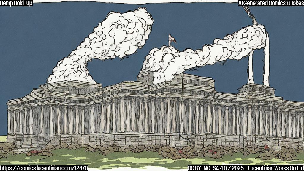 A simple, plain color cartoon image of a Senate building with smoke (cannabis) coming out of its chimney.