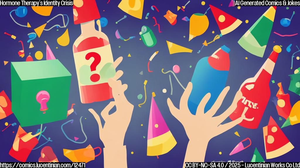 Plain color cartoon style, a confused looking bottle of pills wearing a party hat, one hand holding a small black box with a question mark on it, the other hand waving a banner that says "Party Time!". Background is a blurry, colorful party scene.