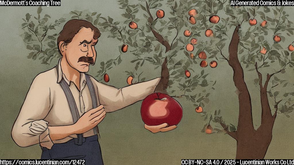 A cartoon style image of a stressed-looking coach with short brown hair and a concerned expression, standing next to a small apple tree with only a few ripe, red apples on it. The background is a plain light blue.