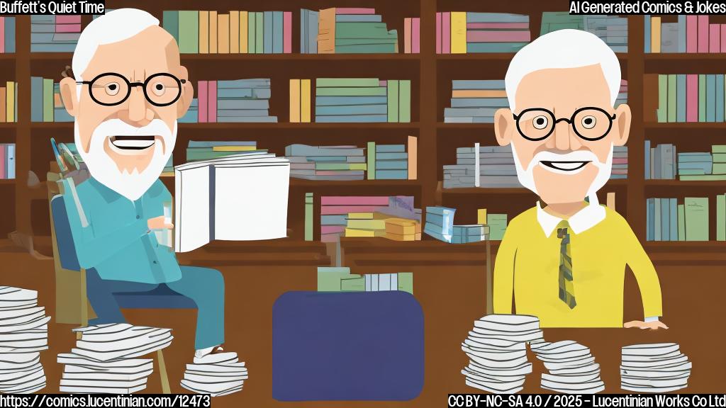 Cartoon style, plain yellow background. A kind-looking old man with silver hair and glasses sits at a librarian's desk. He is surrounded by stacks of books labeled "Compound Interest Vol. 1", "Bonds for Beginners", and "Quiet Investing Strategies". He's stamping a book with a satisfied smile.