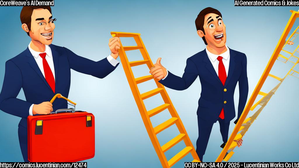 cartoon style, plain color background, an investor with a briefcase carrying a comically large ladder, looking upwards with a surprised expression