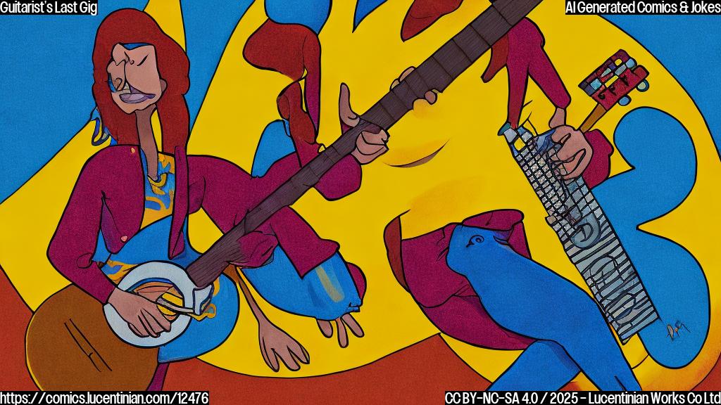 A cartoon image of a brightly colored yellow human-like figure with long dark hair holding a red guitar, lying face down on a brown stage floor. The figure is wearing blue pants and white shoes. There's a single spotlight shining on the figure.