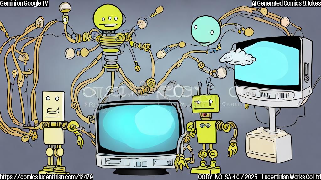 A simple, plain color cartoon of a television with a thought bubble above it containing streaming icons, next to a friendly robot character.