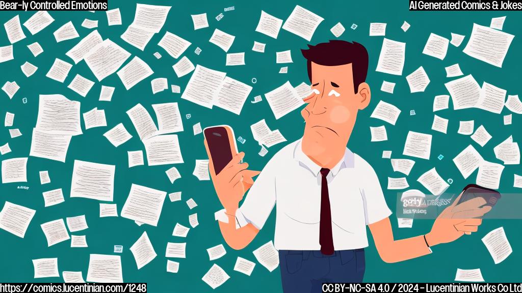 A cartoon image of a person (a middle-aged adult with a worried expression) holding a smartphone showing a stock market graph, surrounded by scribbled notes and emotional symbols (e.g., frowning face, crying tears, etc.) on a plain color background.