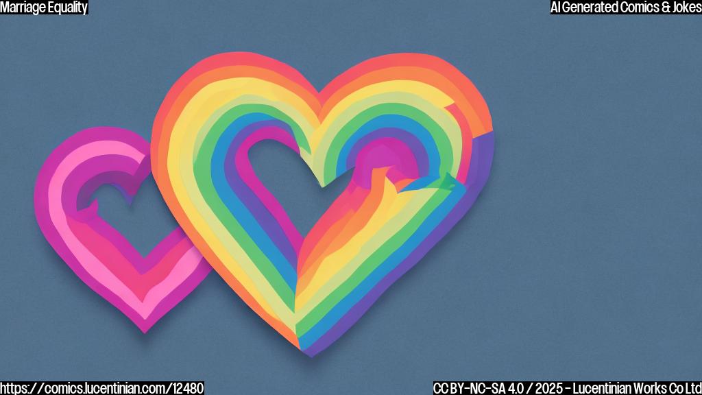 Two equal signs, one pink and one light blue, standing side-by-side in front of a heart-shaped rainbow. Cartoon style, plain color background, simple shapes.