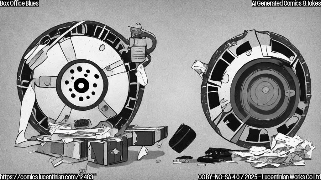 Plain color cartoon style image of a sad-looking film reel crying next to a very small, empty box labeled "Box Office."