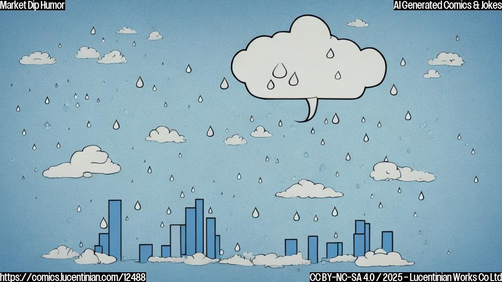 Cartoon style, plain light blue background, a stylized stock market chart looking sad and droopy, with a small rain cloud above it, from which a single drop of rain is falling. A speech bubble near the chart says "Uh oh".