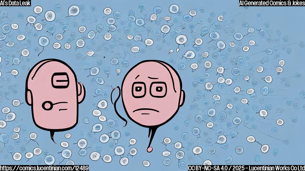 A cartoon-style chatbot with a worried face, surrounded by floating speech bubbles containing snippets of private conversations and personal details, all rendered in a plain pastel blue color.