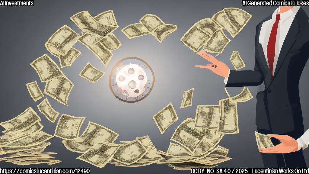 A plain, cartoon-style image of a person in a business suit throwing computer chips into a trash can overflowing with money, while a much larger pie chart with the letters "AI" on it is being wheeled in by a robot. The pie chart is labeled with a dollar sign. The background is a neutral color.