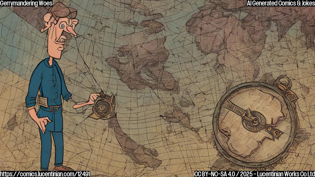 Cartoon style illustration of a disgruntled mapmaker with a broken compass, standing in front of a distorted map of a state, all rendered in plain, muted colors.