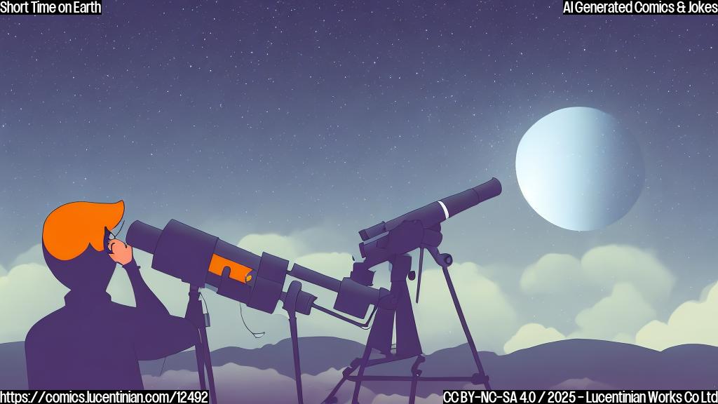 A cartoon image. A person with a telescope looking up at a comet in the night sky. The person is simplified and the background is a plain color gradient.