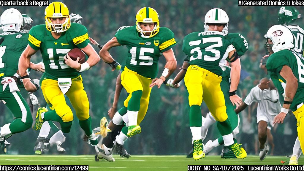 A cartoon-style image showing a football quarterback wearing a green and yellow uniform carrying a comically large ladder onto a football field. Defenders in dark green uniforms are running towards him. The sky is plain light blue.