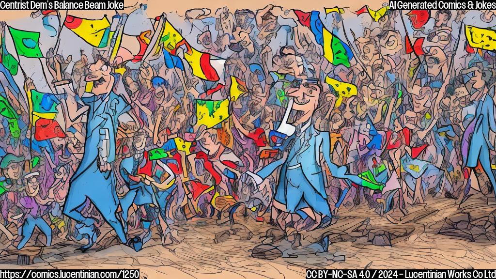 Draw a cartoon style picture of a person standing on a tightrope between two extremes (left and right), with a worried expression. The person is surrounded by party flags, but trying to maintain a neutral stance while holding onto the tightrope.