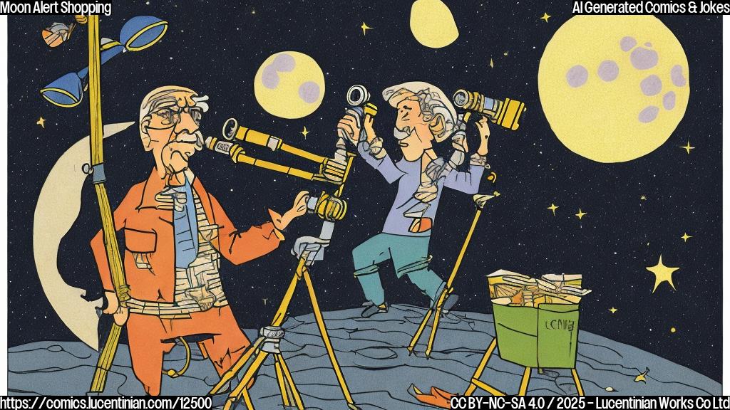 A plain color cartoon style picture of an astrologer with a telescope refusing to enter a shopping mall. The moon is visible in the background.