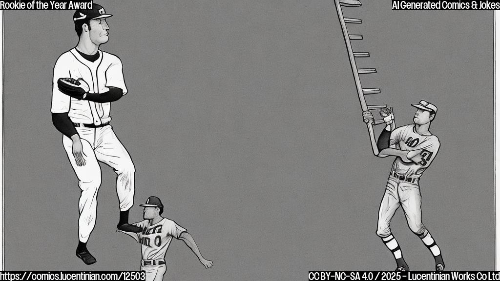 A cartoon illustration of a baseball player, wearing a generic uniform, standing next to a large trophy. The player is also comically holding a ladder, looking confused. The background is a simple, plain color.